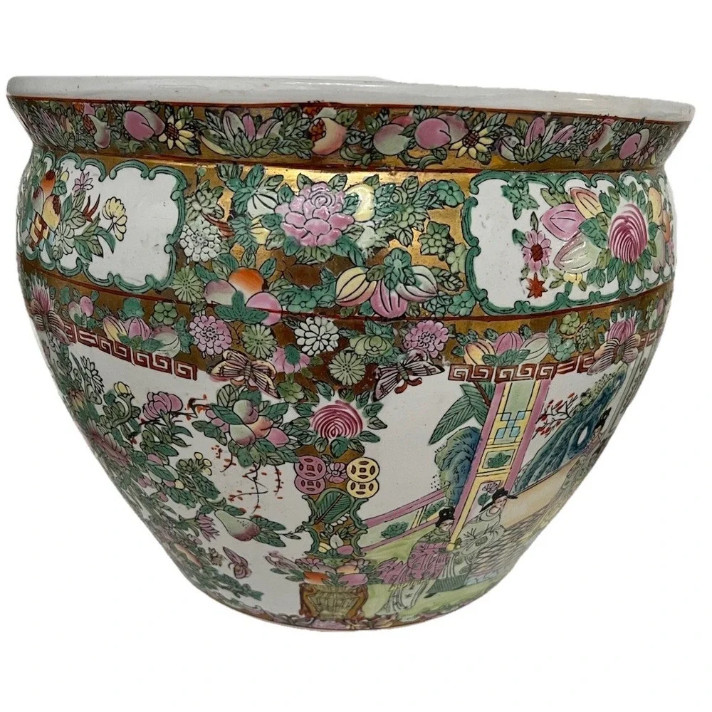(..30)Huge Vintage Chinese Porcelain Enamel Famille Rose Koi Fish Bowl Planter
